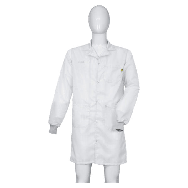 Tecstat PA 66% Poly,  32% Cotton, 2% Carbon Fiber White ESD Smock, Knee Length, Lapel Collar, Snaps in Front, Knit Cuffs, 6XLG - ESM-B12A_I2-T4