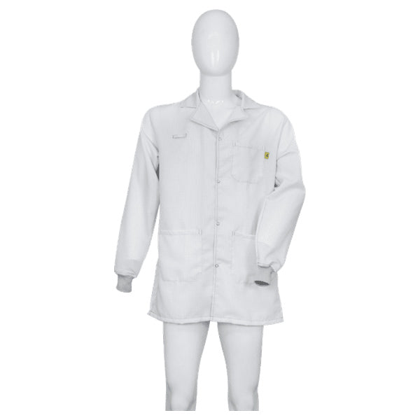 Tecstat PA 66% Poly,  32% Cotton, 2% Carbon Fiber White ESD Smock, Thigh Length, Lapel Collar, Snaps in Front, Knit Cuffs, LG - ESM-B134_I2-T4