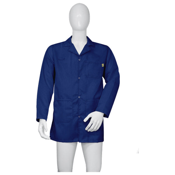 Cleanstat AD 98% Poly, 2% Carbon Fiber Navy Blue Cleanroom ESD Smock, Thigh Length, Lapel Collar, Snaps in Front & Cuffs, XSM - ESM-M631