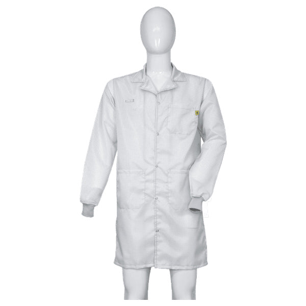 Cleanstat AD 98% Poly, 2% Carbon Fiber White Cleanroom ESD Smock, Knee Length, Lapel Collar, Snaps in Front, Knit Cuffs, 4XLG - ESM-B628_I2-T4