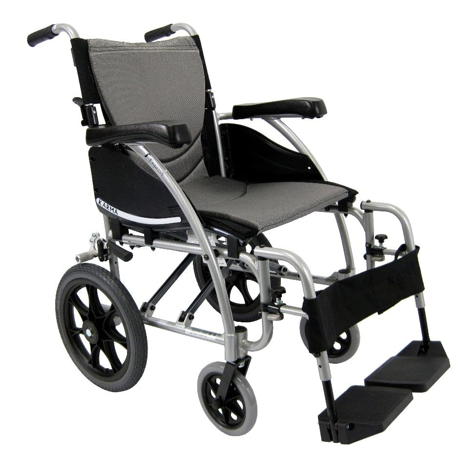 S-Ergo 115 Ergonomic Transport Wheelchair with Wire Break and Swing Away Footrest Silver