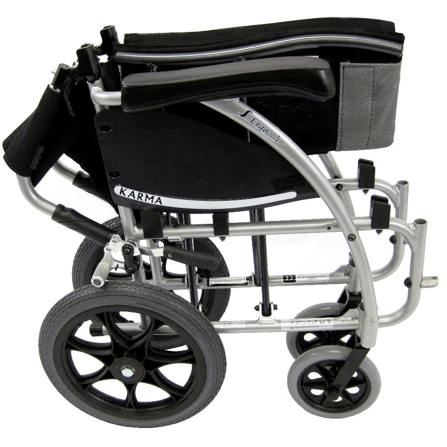 S-Ergo 115 Ergonomic Transport Wheelchair with Wire Break and Swing Away Footrest Silver