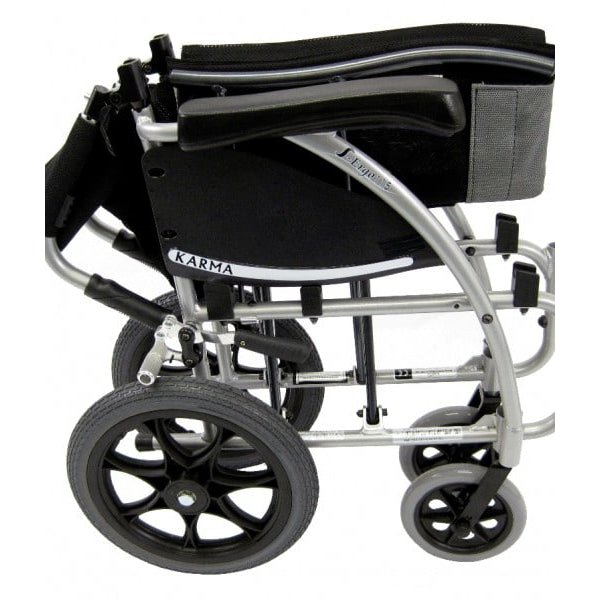 S-Ergo 115 Ergonomic Transport Wheelchair with Wire Break and Swing Away Footrest Silver