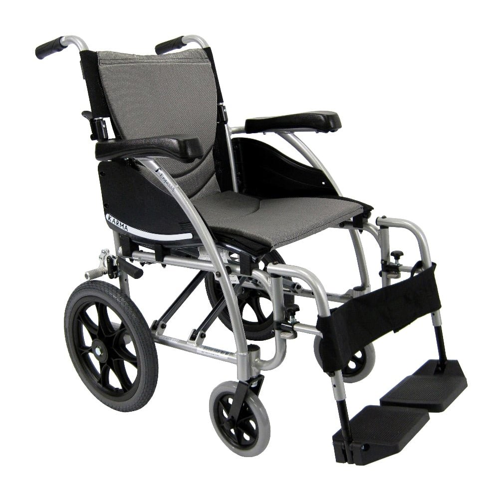 S-Ergo 115 Ergonomic Transport Wheelchair with Wire Break and Swing Away Footrest Silver