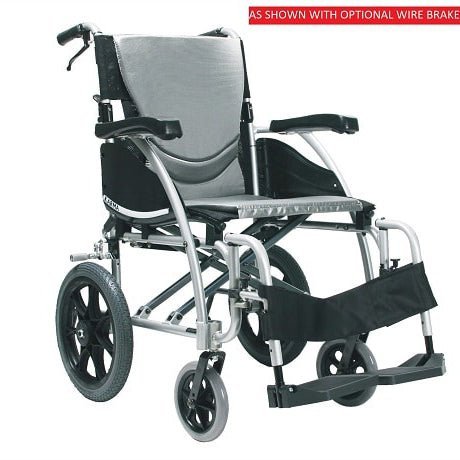 S-Ergo 115 Ergonomic Transport Wheelchair with Wire Break and Swing Away Footrest Silver