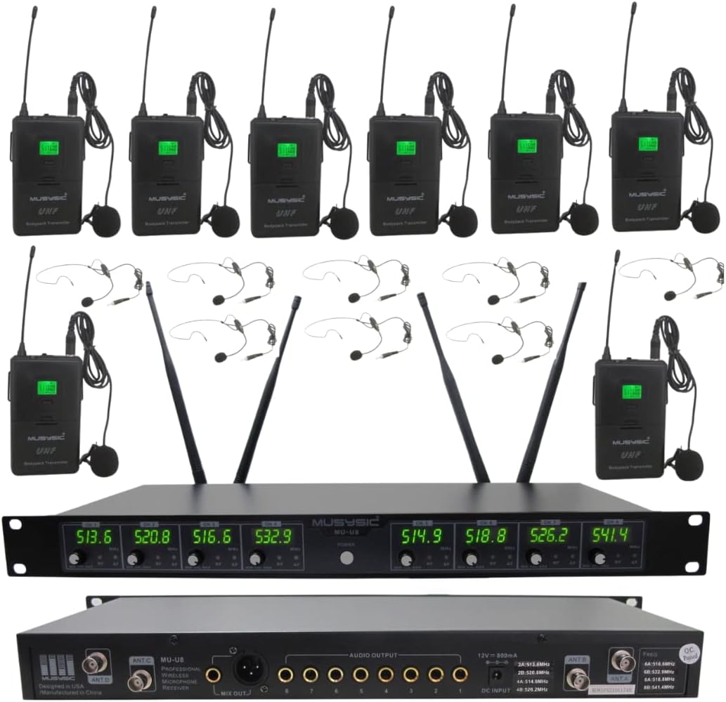 MUSYSIC Professional 8-Channels UHF Handheld Wireless Microphone System