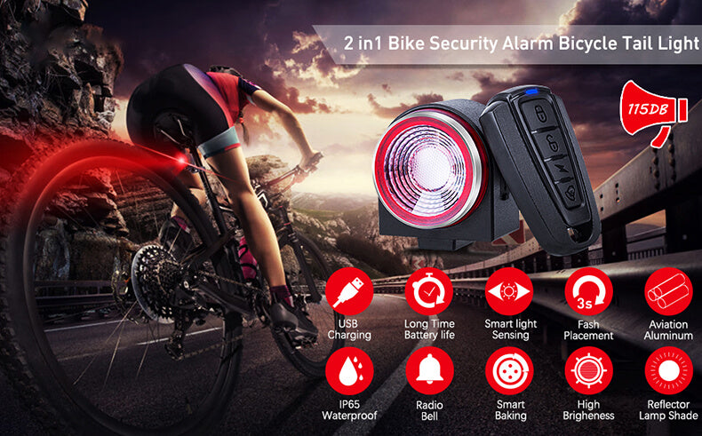 RENNICOCO Intelligent Anti-Theft Device for Bicycle taillight Alarm LED Bicycle stroboscopic Alarm Bell with Wireless Remote Control USB Cable Mountainous Bicycle Accessories