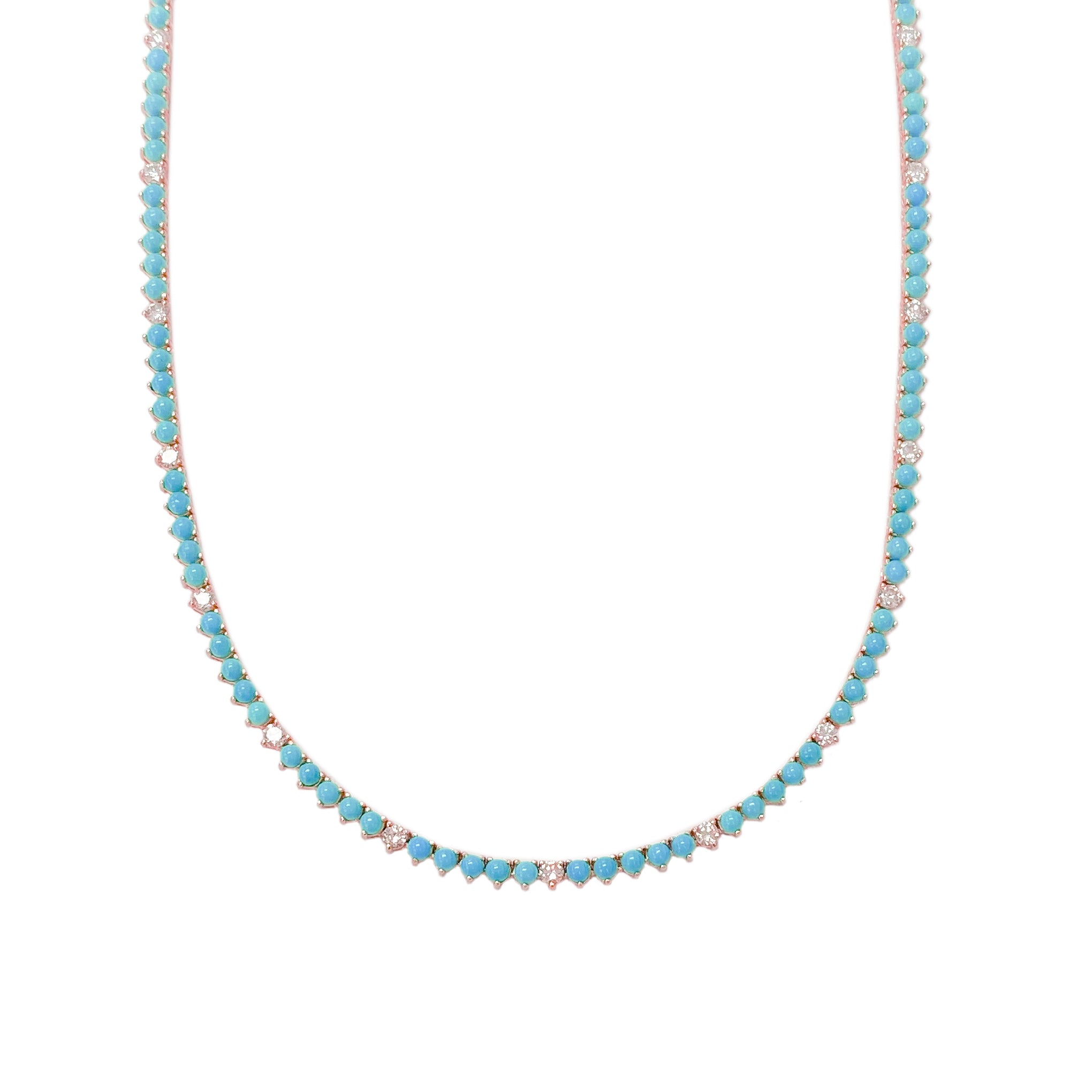 14K Gold Turquoise & Diamond Tennis Necklace