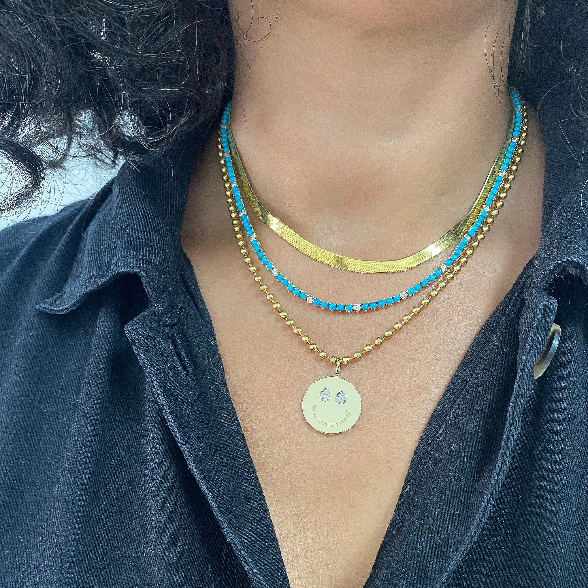 14K Gold Turquoise & Diamond Tennis Necklace