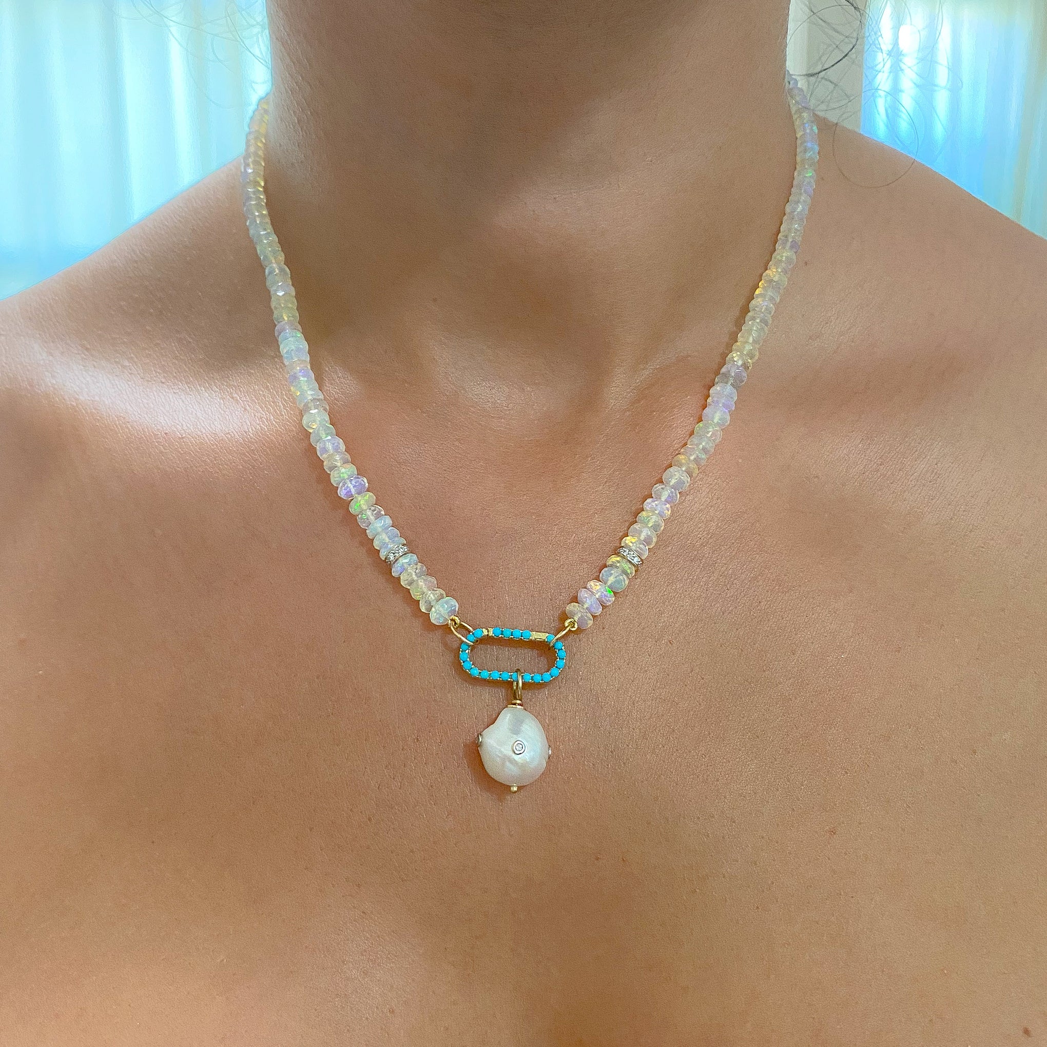 14K Gold White Opal & Diamond Beaded Necklace