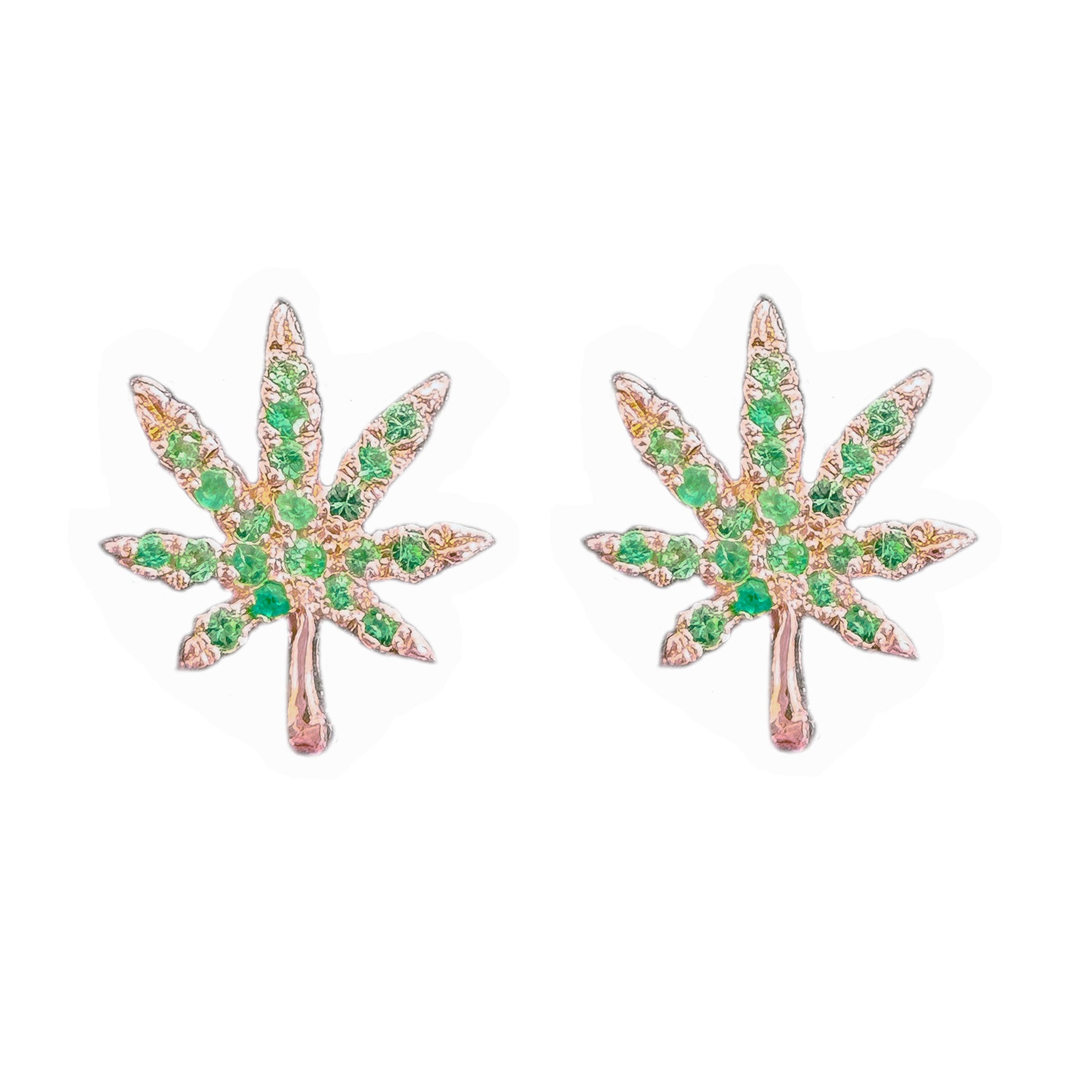 14K Gold Emerald Marijuana Leaf Stud Earrings, Medium Size