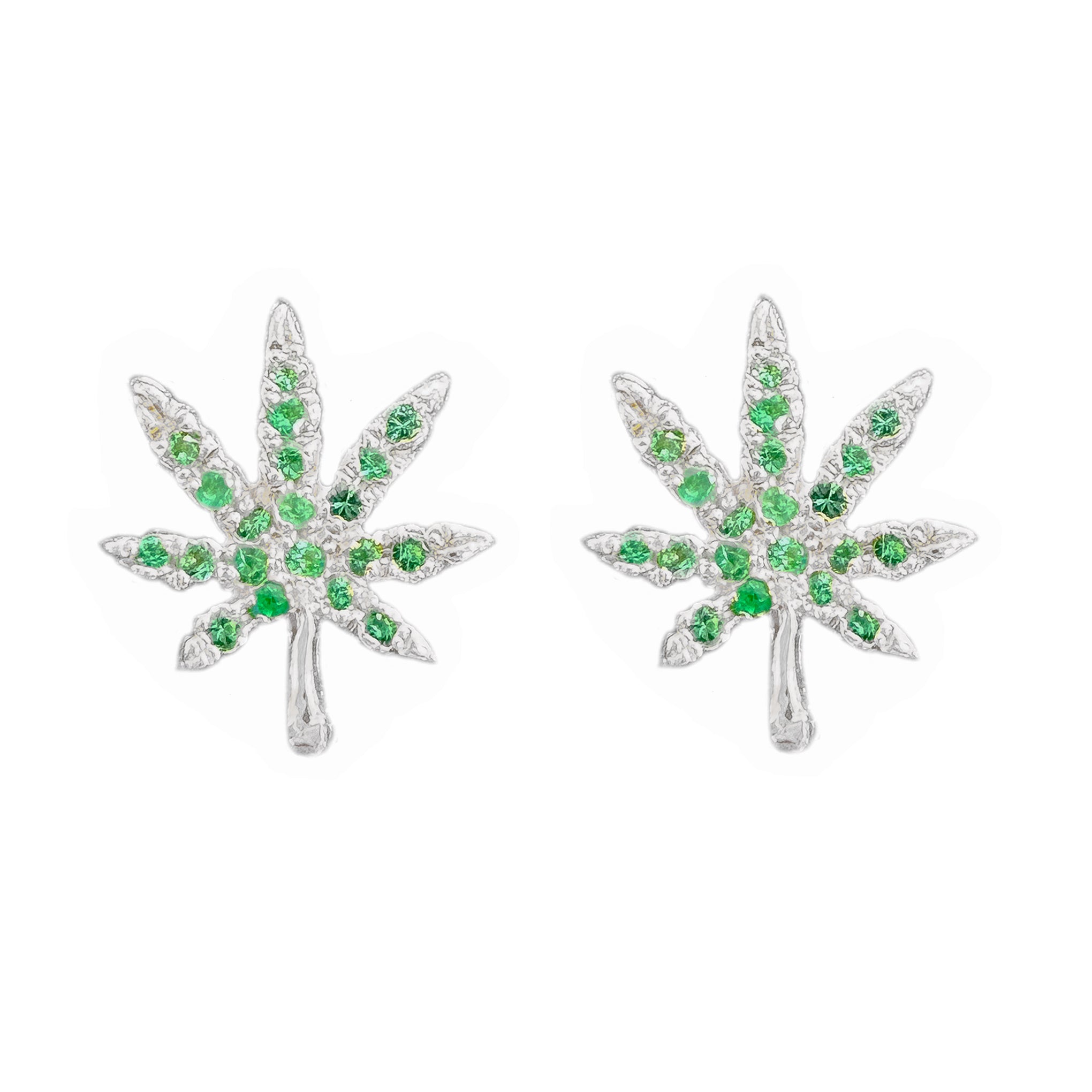 14K Gold Emerald Marijuana Leaf Stud Earrings, Medium Size