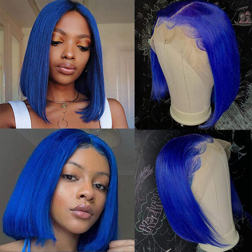 blue color straight bob wig