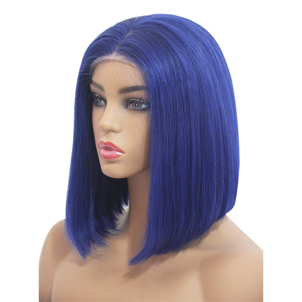 blue colored t part lace wig