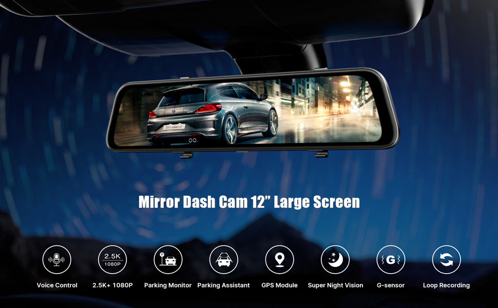 2.5K Mirror Dash Cam with Voice Control GPS, 12 Wireless Rear View Mirror  with Night Vision Waterproof Backup Camera, Front and Rear Dash Cam  w/Anti-Glare, Touch Screen, Emergency Lock, Parkin 