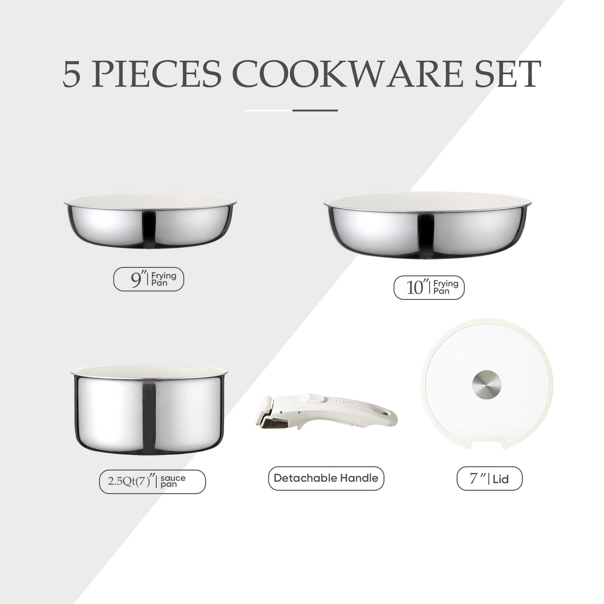 CAROTE 5pcs Stainless Steel Cookware Set, Non Stick Pots and Pans Set with Removable/Detachable Handle, Oven/Dishwasher Safe, RV Cookware, Frying Pan Set