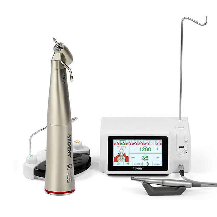 AZDENT Dental Implant Motor Surgical Brushless Color Touch Screen And 45 Degree 1:4.2 Increasing Fiber Optic Handpiece External Water-azdentall.com AZDENT Dental Implant Motor Surgical Brushless Color Touch Screen And 45 Degree 1:4.2 Increasing Fiber Optic Handpiece External Water-azdentall.com