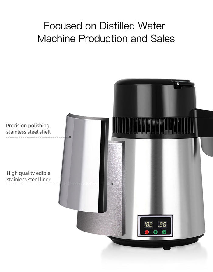Water Distiller Stainless Steel Glass Bucket Double Screen Button with Adjustable Temperature 4L Water Distiller Stainless Steel Glass Bucket Double Screen Button with Adjustable Temperature 4L
