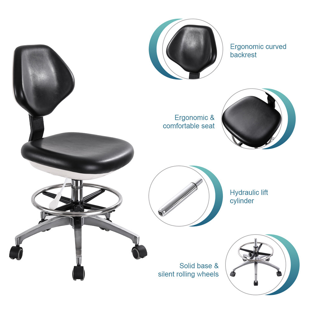 Dental Doctor Assistant Adjustable Mobile Chair Black PU with Rebound Foam