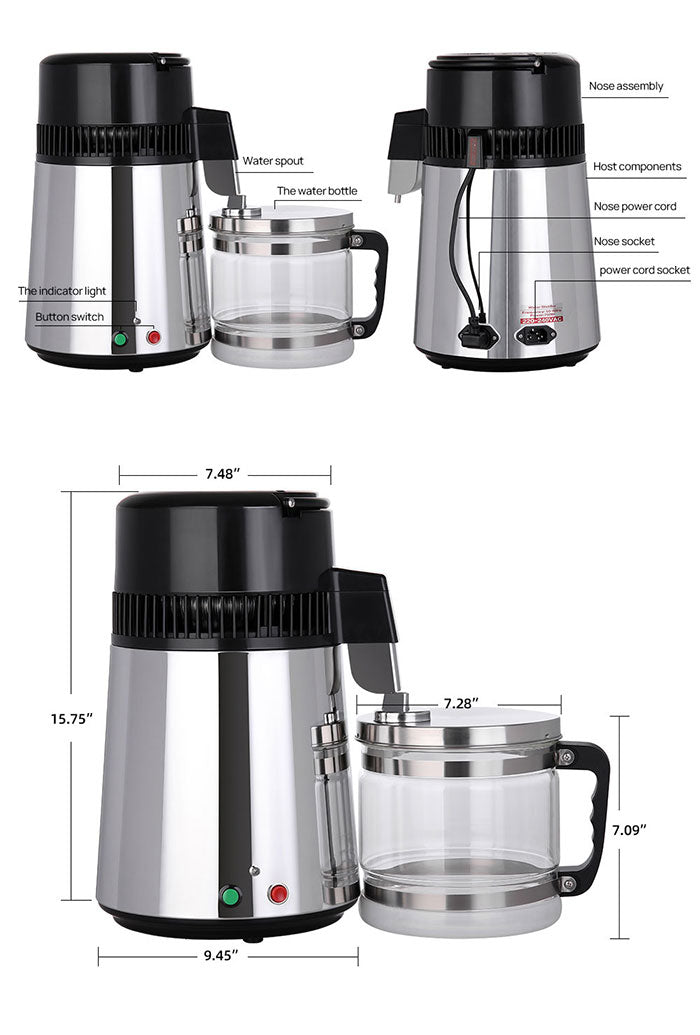 Water Distiller Stainless Steel Glass Bucket Double button 750W 4L 1L/H Water Distiller Stainless Steel Glass Bucket Double button 750W 4L 1L/H