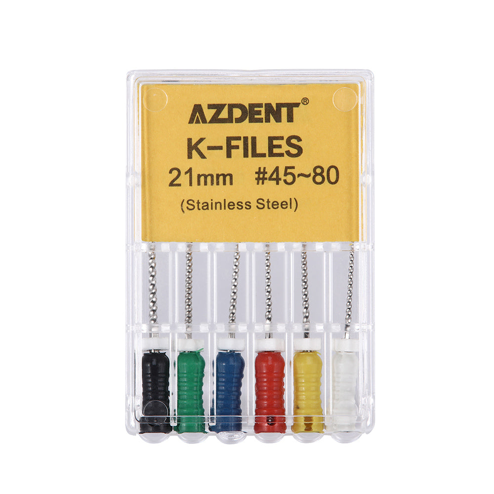 AZDENT Dental Hand K-Files Stainless Steel 21mm #15-80 6p/Pk 9 Color-azdentall.com