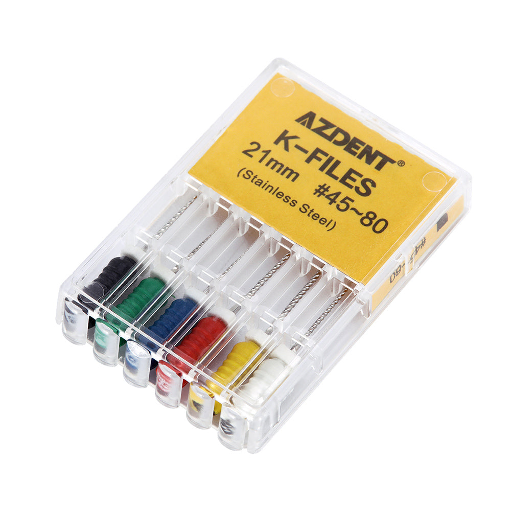 AZDENT Dental Hand K-Files Stainless Steel 21mm #15-80 6p/Pk 9 Color-azdentall.com