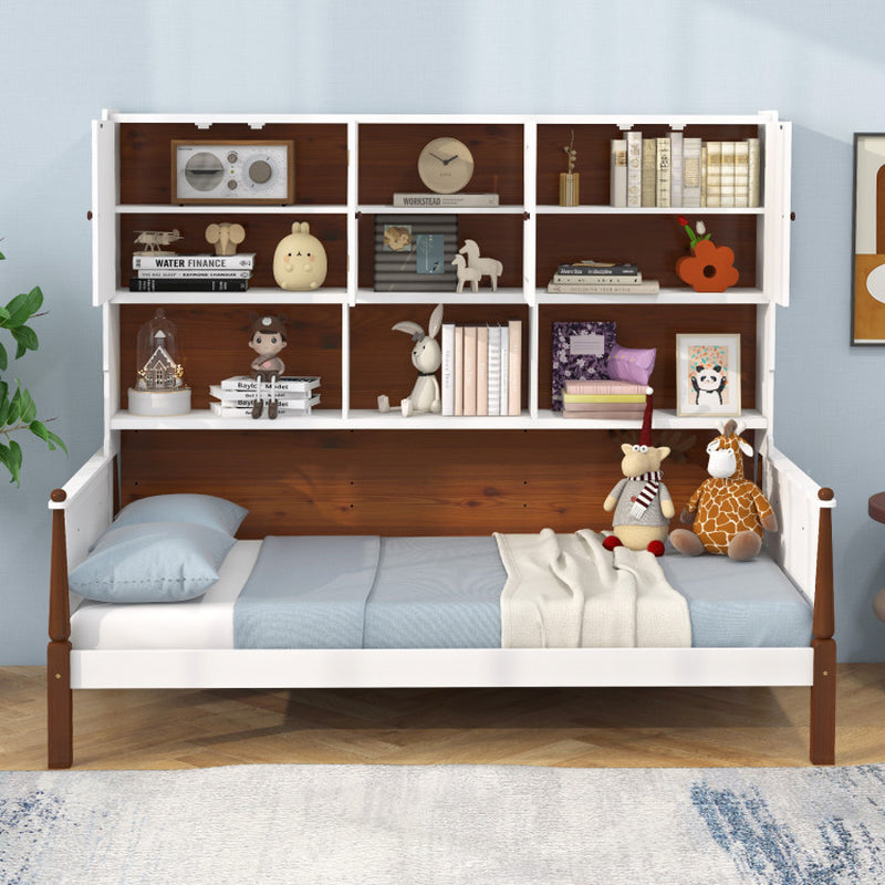 Twin Bed with Bookcase with Shelves and Wooden Slat Support No Box Spring Needed for Living Room Bedroom