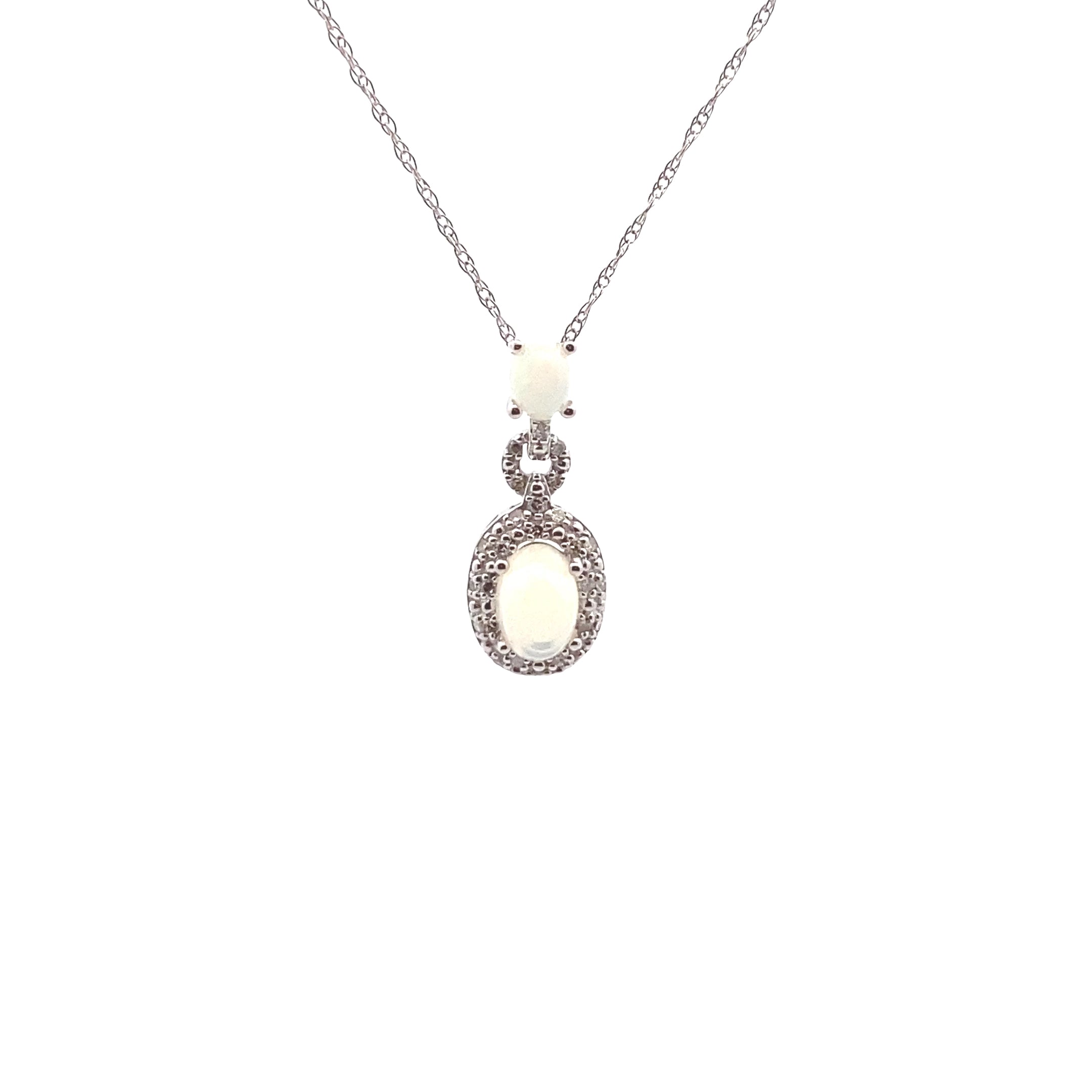 14K White Gold Opal & 1/10 CT. Diamond Halo Pendant Necklace