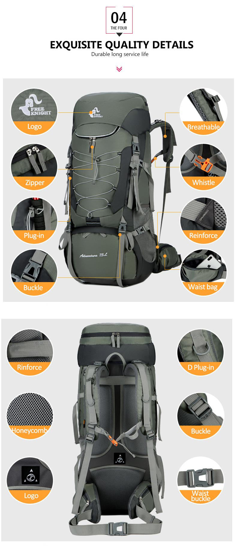 75L Camping Backpack Hiking Bag Sport Outdoor Bags With Rain Cover for Travel Climbing Mountaineering Trekking Camping Bag XA726WA