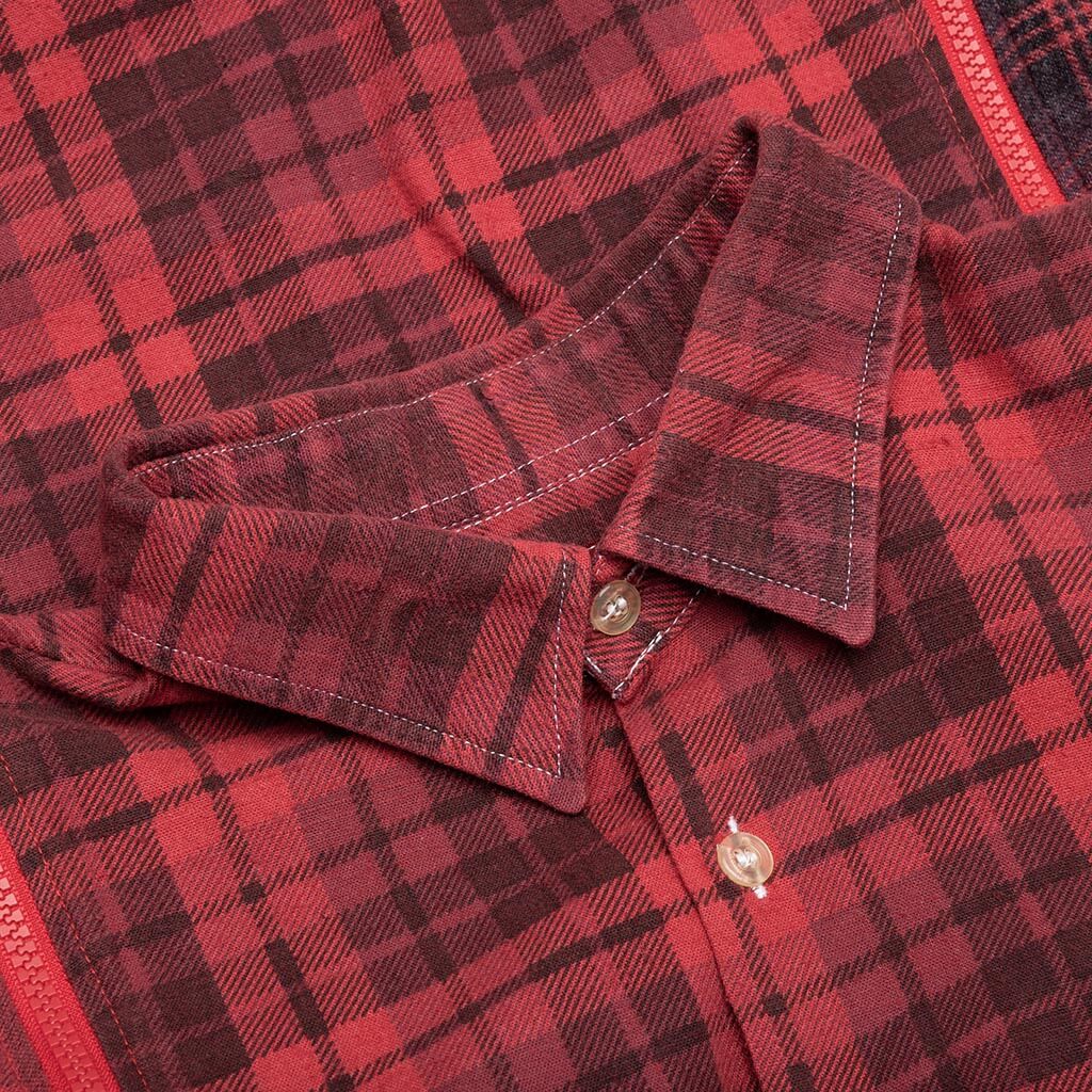 Flannel Shirt 7 Cuts Zipped Wide Shirt Over Dye - Red