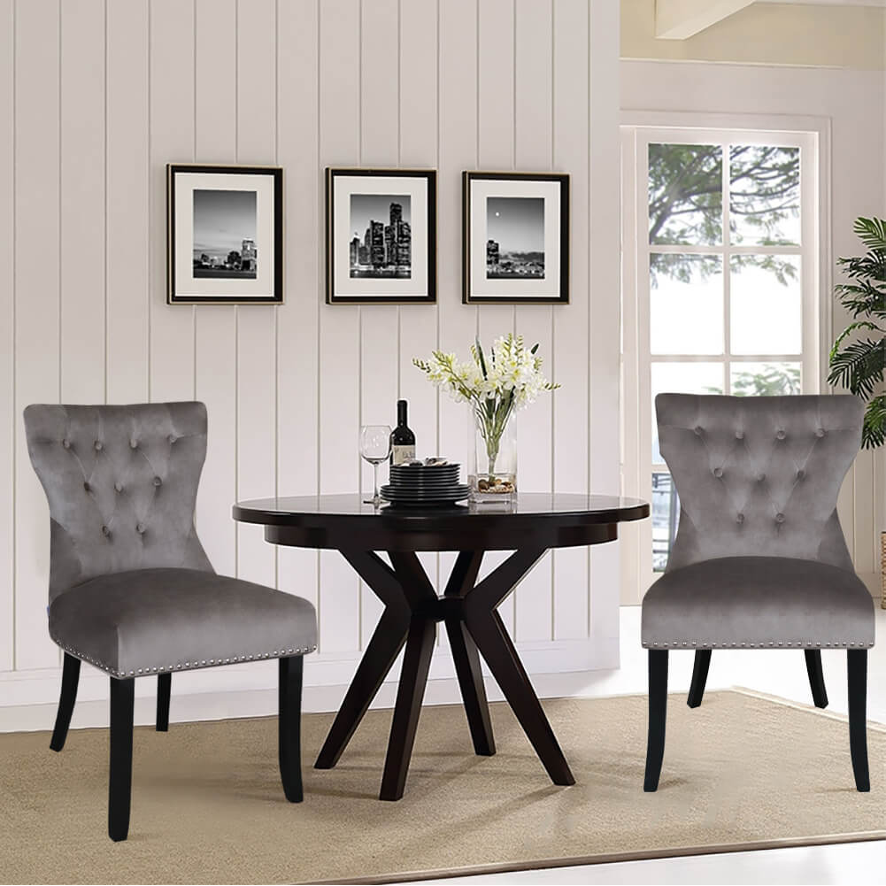 Set of 2 Dining Chairs Padded Seat Wood Legs Cushion Stud Seat Kitchen Bar