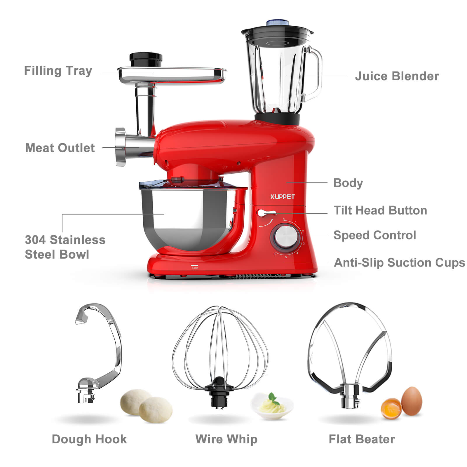 3 in 1 Stand Mixer, 6 Speed Electric Mixer, KUPPET Tilt Head Kitchen