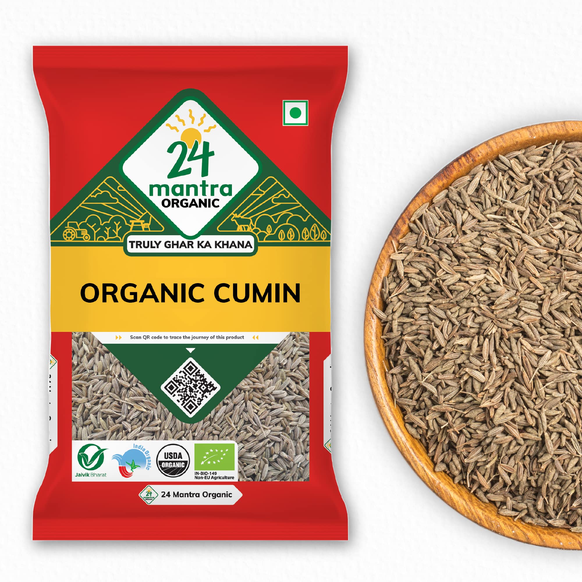 24 Mantra Organic Cumin Seed/Zeera/Jeelakarra - 100% Organic | Chemical Free & Pesticides Free | Unadulterated | Enhances Taste | Usefull In Baked Products 7 Oz