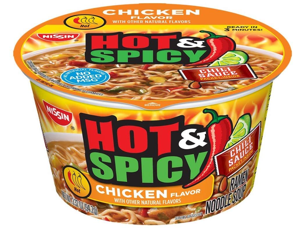 Nissin Bowl Noodles HOT & Spicy CHICKEN Flavor Microwavable Noodles & Soup with Zero Trans FAT for Best in Ramen Instant Noddle Soup 6 Bowls
