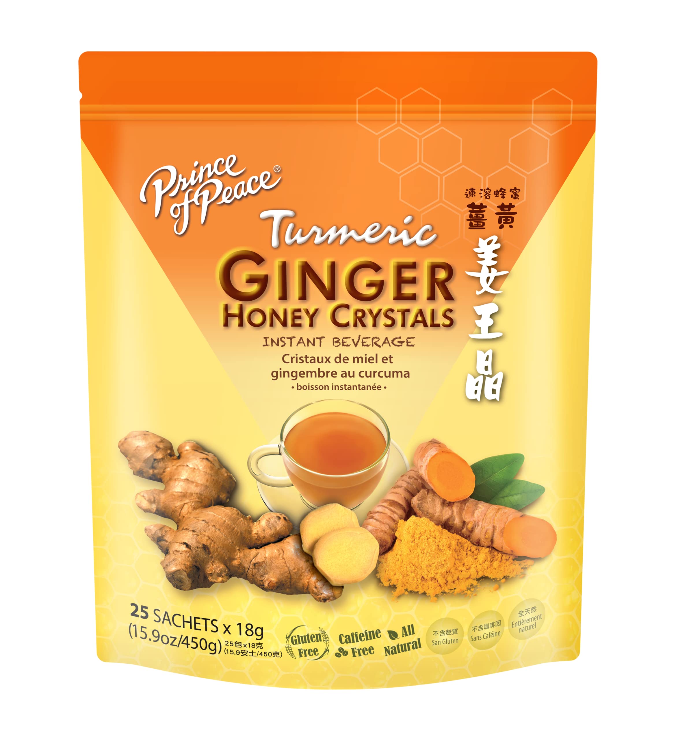 Prince Of Peace Instant Ginger Honey Crystals w/ Turmeric, 25 Sachets  Instant Hot or Cold Beverage  Easy to Brew Ginger and Honey Tea, Caffeine and Gluten Free