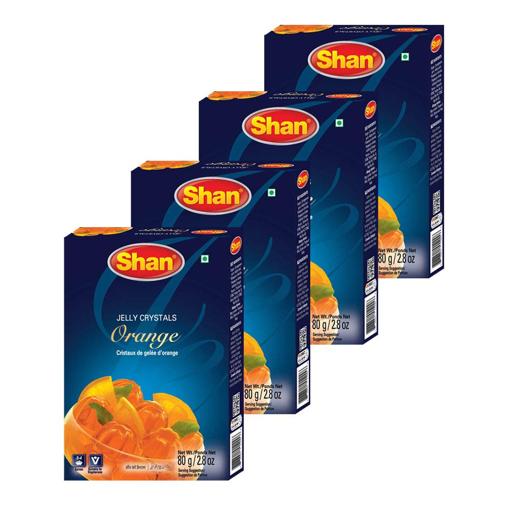 Shan Jelly Crystals Orange 2.82 oz (80g) - Cristaux De Gelee dOrange - Quick and Easy Jello - Suitable for Vegetarians - Airtight Bag in a Box (Pack of 4)