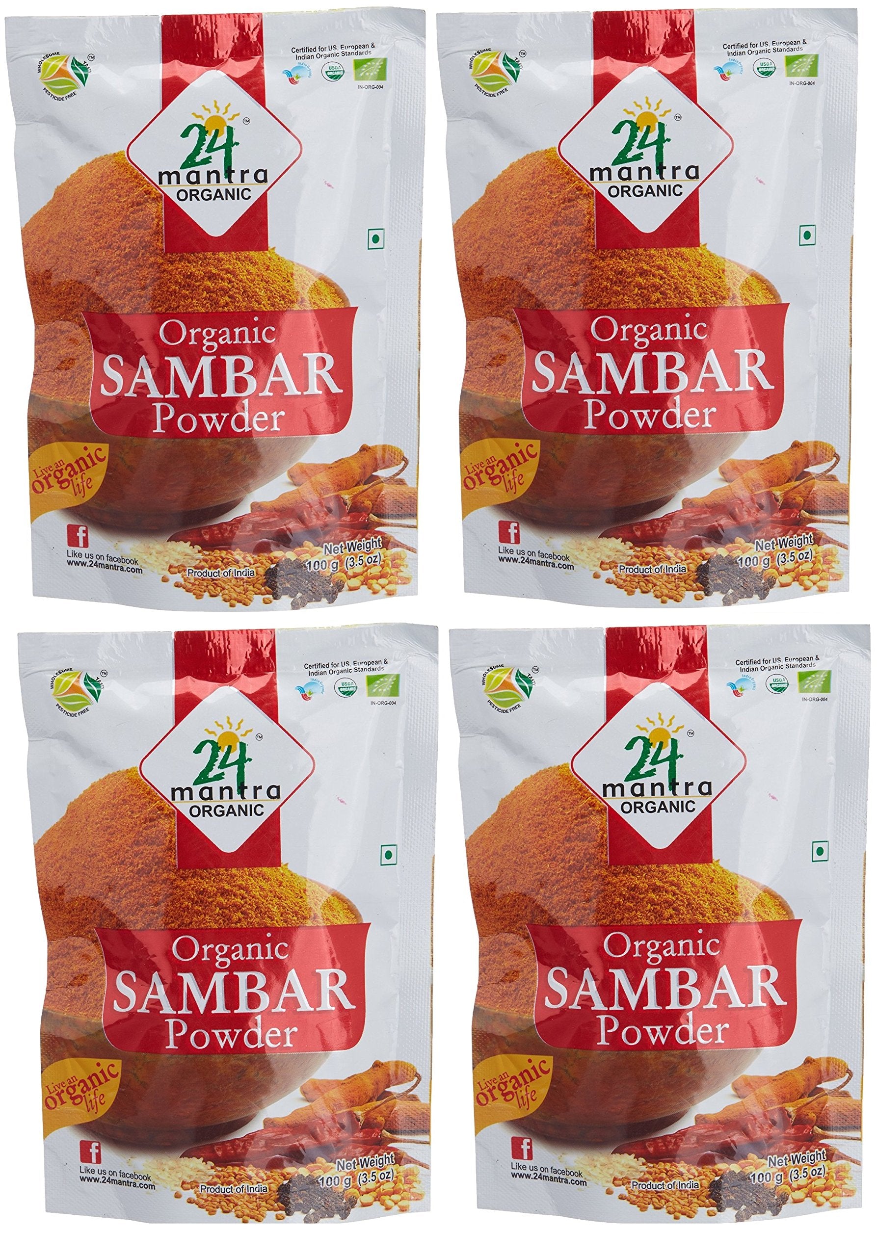 Organic Sambar Powder USDA Certified Organic EU Certified Organic Pesticides Free Adulteration Free Sodium Free - Pack of 4 X 3.5 Ounces (14 Ounces) - 24 Mantra Organic