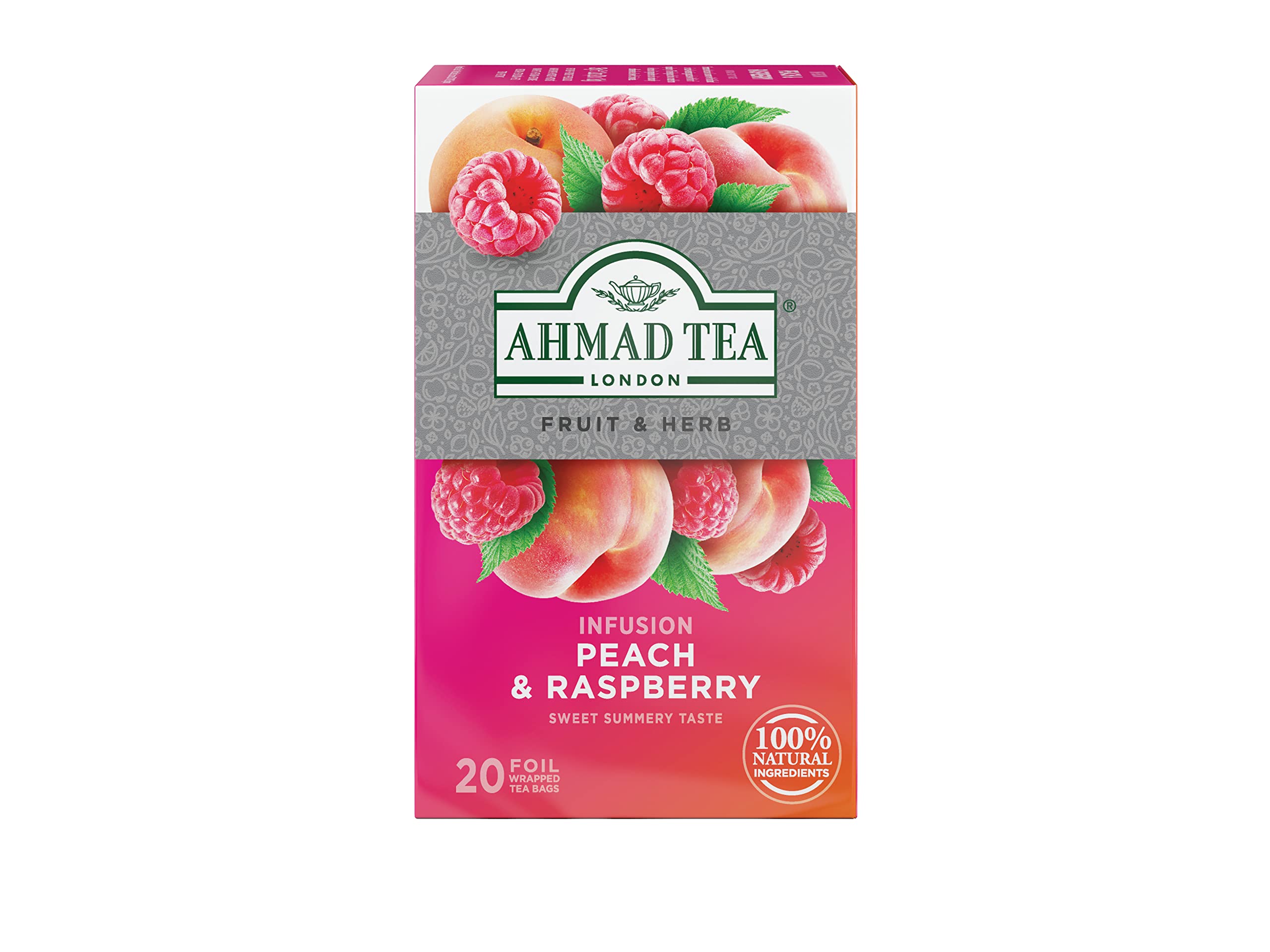 Ahmad Tea Infusions, Peach and Raspberry Teabags, 20 ct (Pack of 1) - Decaffeinated & Sugar-Free