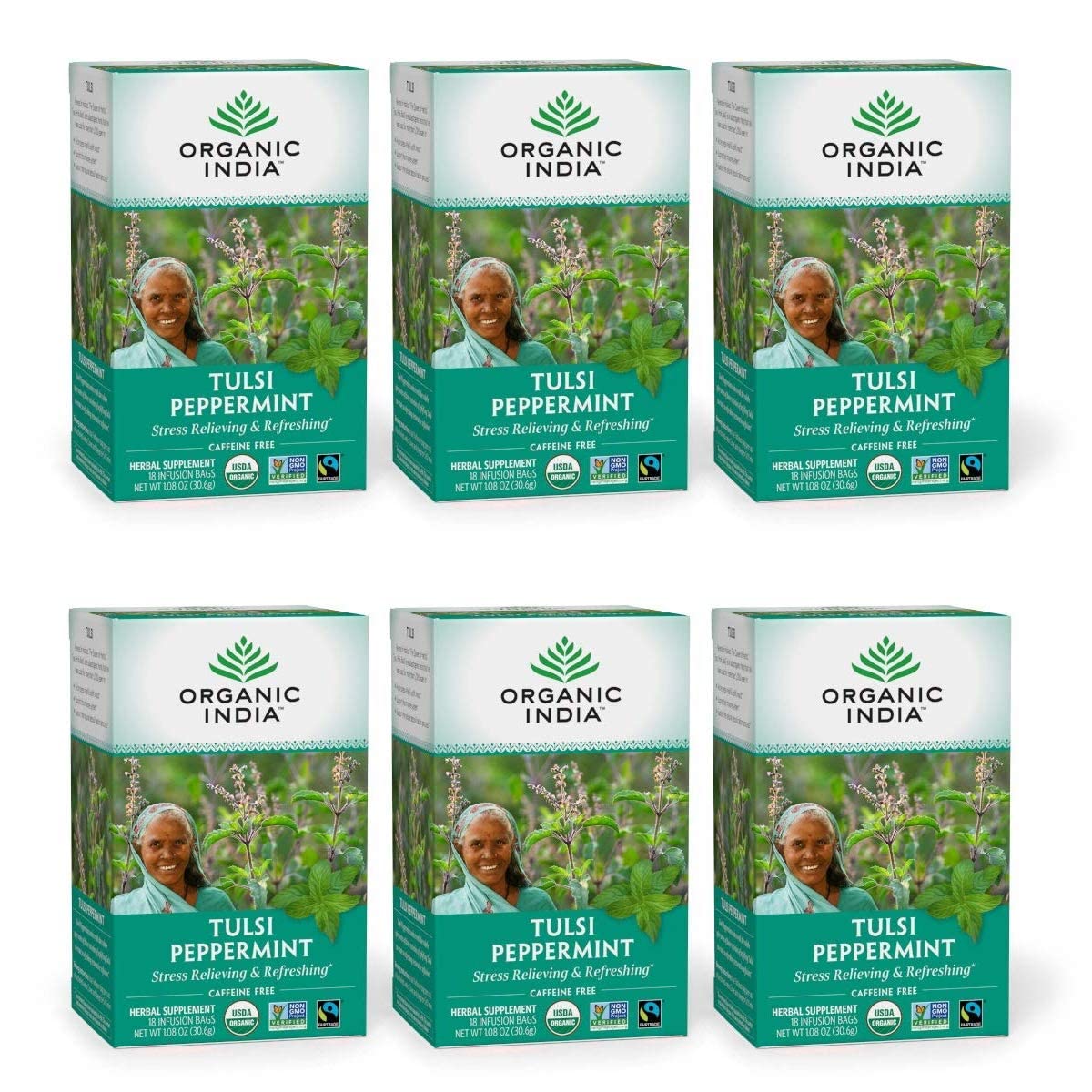 Organic India Tulsi Peppermint Herbal Tea - Holy Basil, Stress Relieving & Refreshing, Immune Support, Aids Digestion, Vegan, USDA Certified Organic, Caffeine-Free - 18 Infusion Bags, 6 Pack