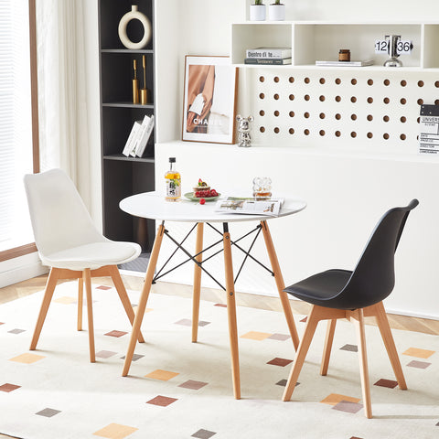Weißer runder 80-cm-Tisch mit Eisengestell und Holzbeinen