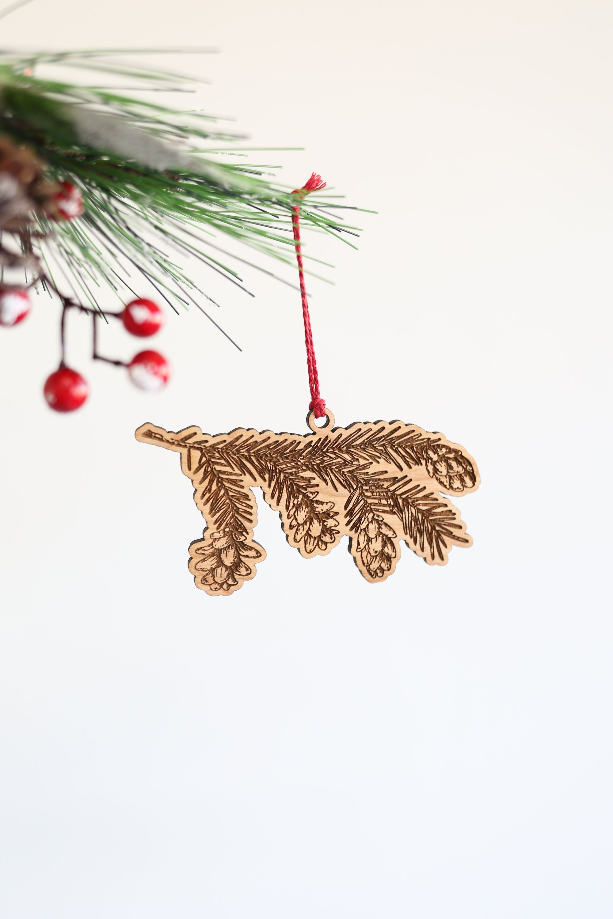 Wooden Pine Tree Branch Horizontal Christmas Ornament