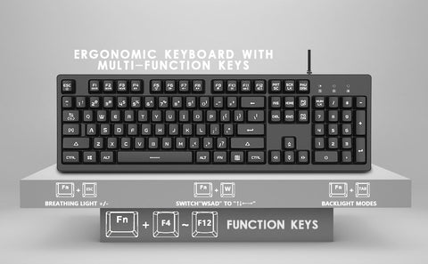 Basaltech Mechanical Feeling Keyboard with LED Backlit, 104-Key Quiet  Membrane Keyboard for Gaming or Office, Ergonomic Silent Water-Resistant  Light 