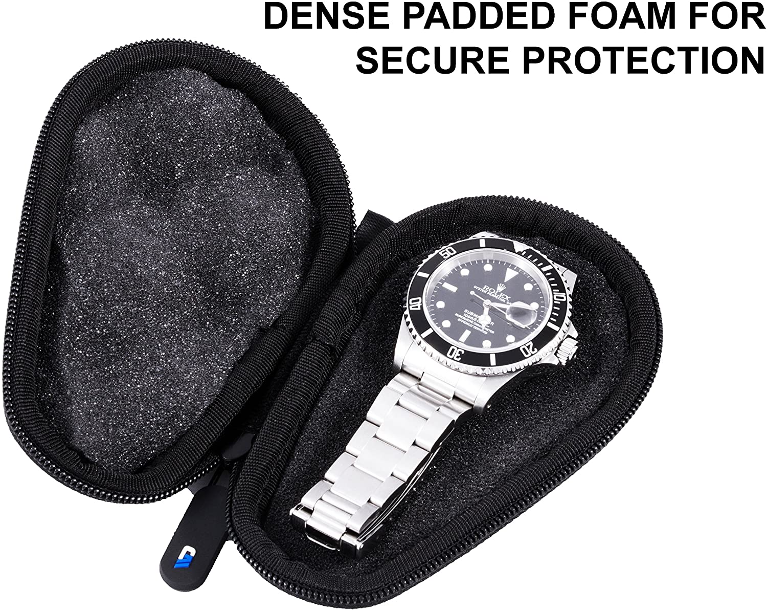 CASEMATIX Watch Travel Case with Hard Shell Exterior, Cushion Foam Interior, Reinforced Zippers & Metal Carabiner - Watch Box for up to 56MM Watches