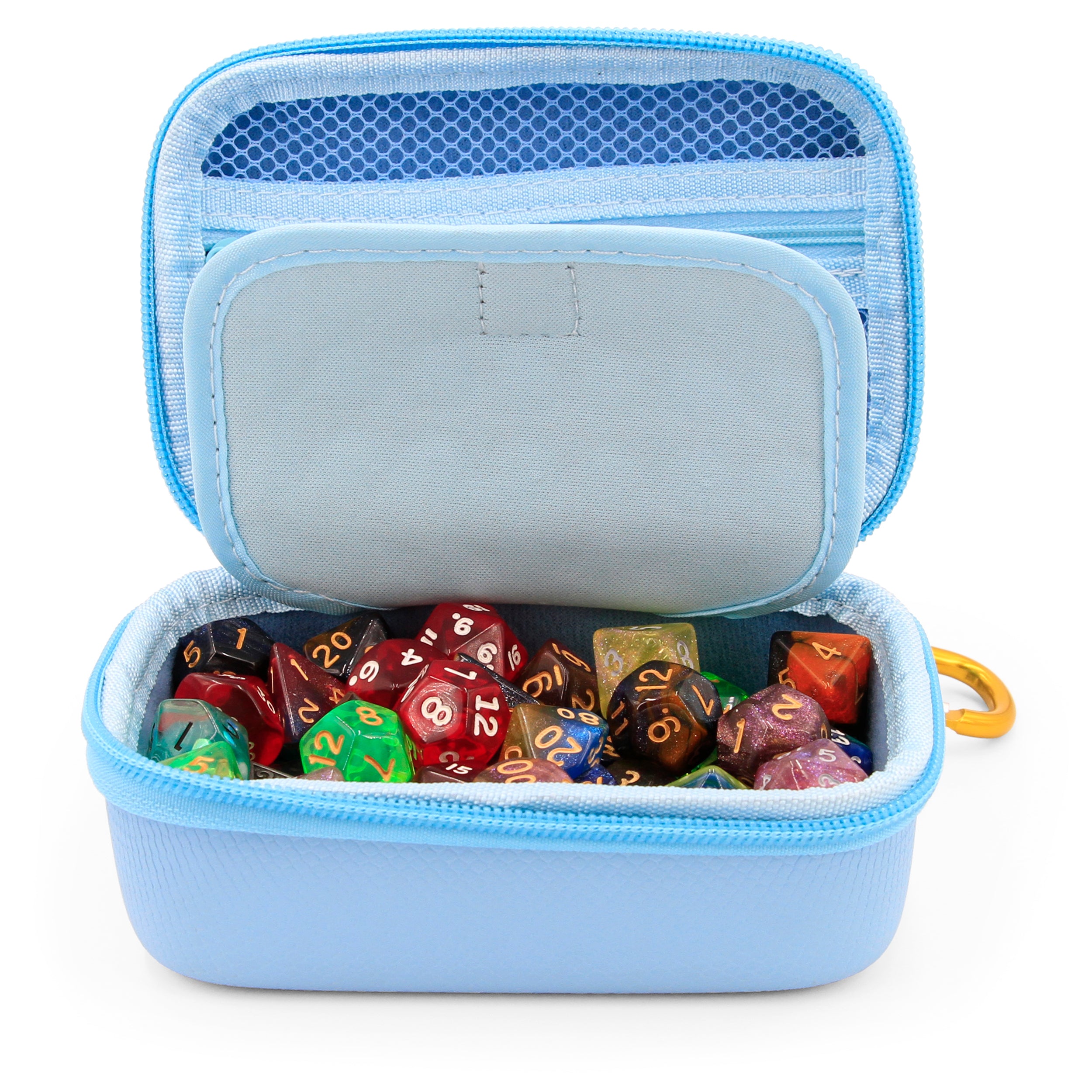 CASEMATIX Travel Dice Case and Dice Holder for RPG Dice with Padded Interior Divider and Wrist Strap - Hard Shell Protective Dice Box