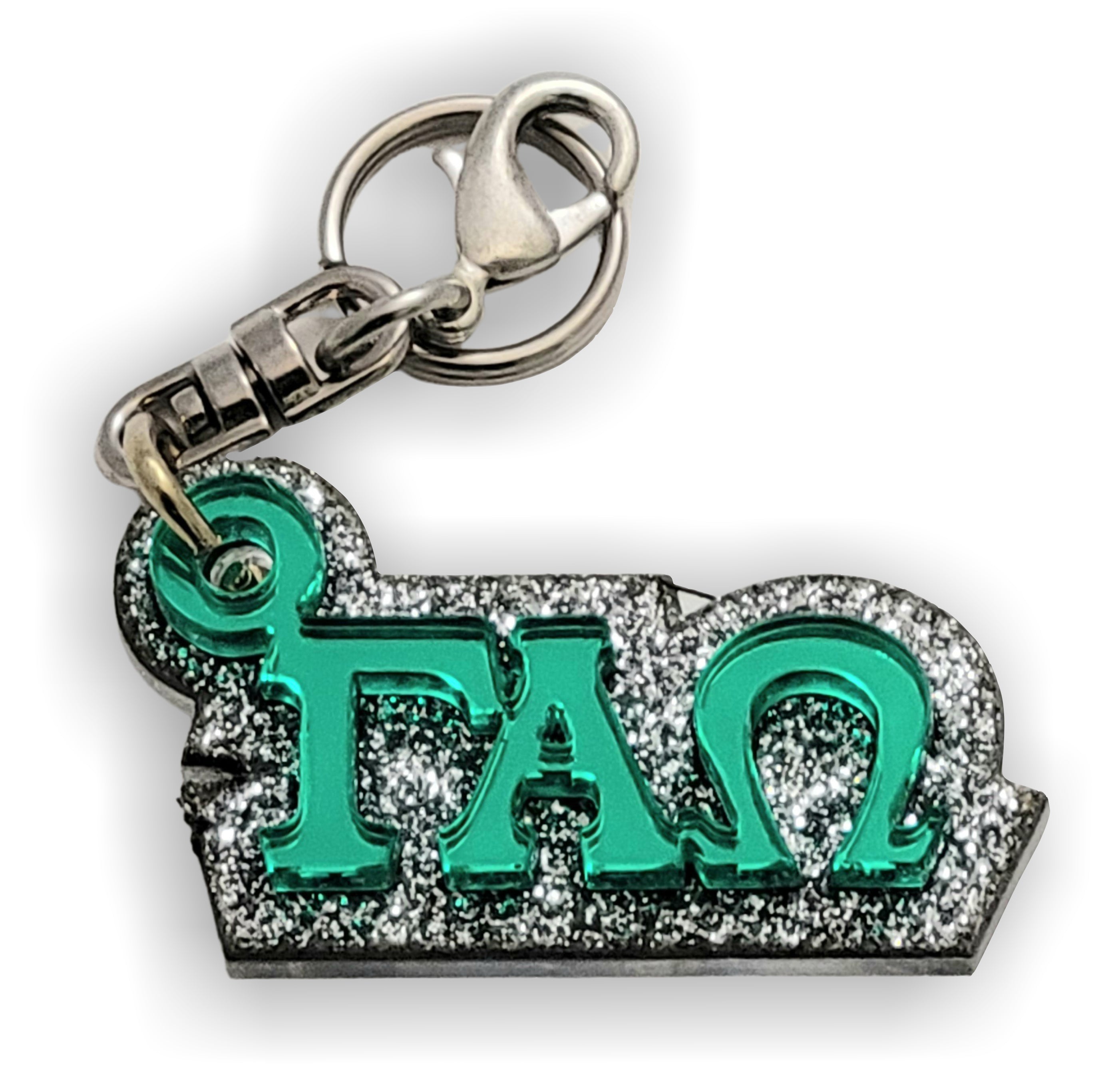 Gamma Alpha Omega-PURSE Zipper Pull Keychain-Green Mirror Letters on Silver Glitter Backing-GAW-03-KEY-ZIPPULL-GRNMIR-SLVRGLTR - 12249-4D8041-110323