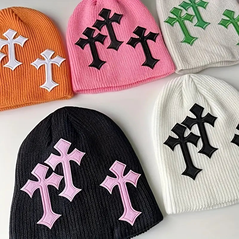 Gothic Cross Patch Knitted Beanie Solid Color Trendy Skull Hat Hip Hop Warm Knit Hat Lightweight Unisex Ski Hat For Women and Men