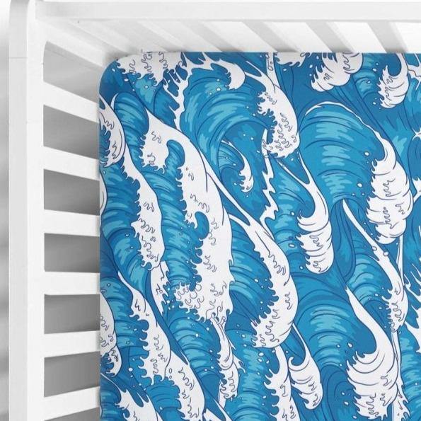 Fitted Crib Sheet in Blue Ocean Wave Print