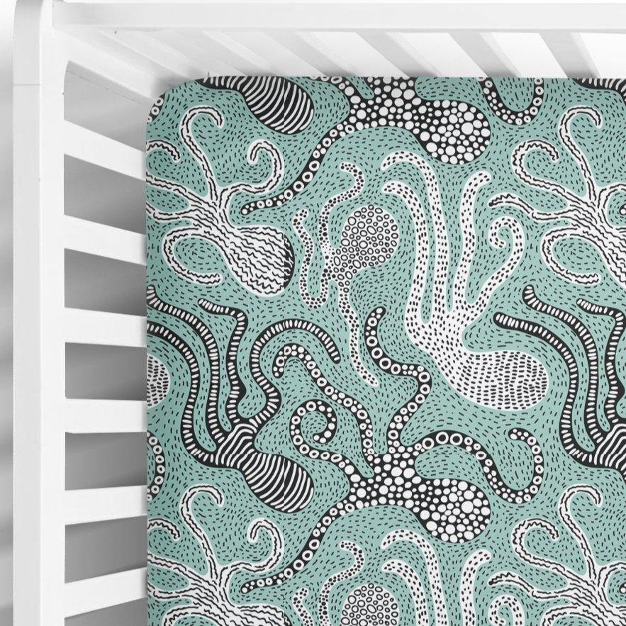 Fitted Crib Sheet in Teal Octopus Print