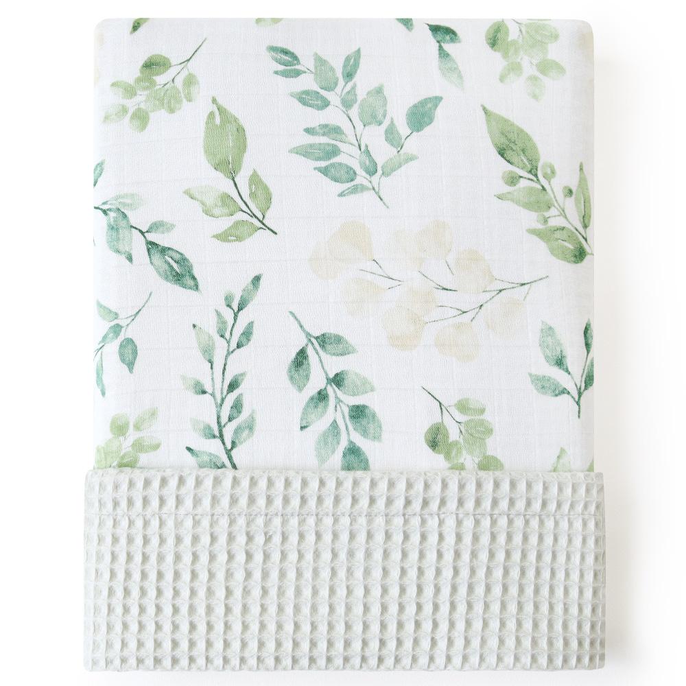 Cotton Muslin and Waffle Blanket in Eucalyptus Print