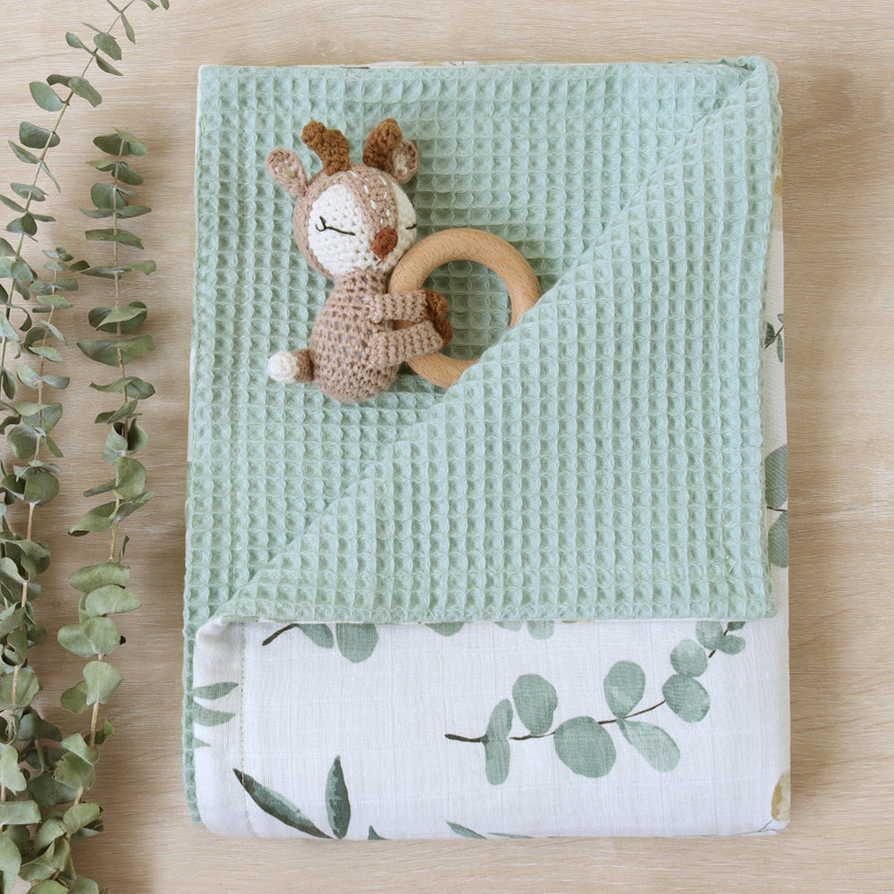 Cotton Muslin and Waffle Blanket in Eucalyptus Print